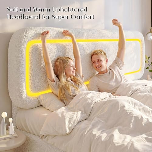 King Size Bed Frame with Led Lights,Soft Cloud Bed Frame King with Headboard,Boucle Upholstered King Platform Bed Frame,Anti-Collision Round Corners,No Box Spring Needed,Modern,Cream White - Image 6