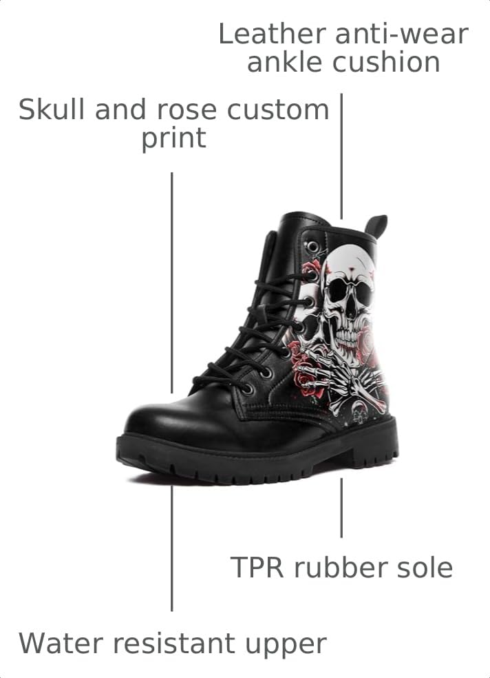 Image of Custom Black Combat Boots for Women Fashion Lace-Up Skull Rose Ankle Booties Chunky Heel Platform Leather Boots