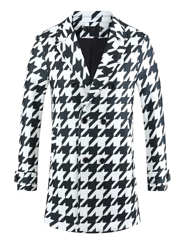 Image of Lars Amadeus White Houndstooth Overcoat for Men's Double Breasted Plaid Pattern Winter Trench Coat Medium