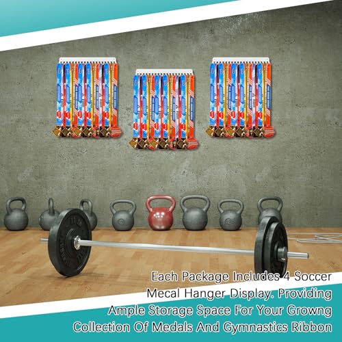 Image of Geetery 4 Pack Medal Hanger Display with 20 Hooks Each, Sturdy Steel Wall Mount Medal Holder Rack Holds 60+ Awards for Gymnastics Marathon Sport Runner Soccer Wrestle Swim, Easy to Install