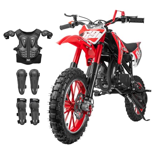 MX moto 49cc Kids Dirt Bike Gas Powered 2-Stroke Engine - High-Speed Off-Road Mini Dirt Bike for Youth Riders with Heavy-Duty Suspension & Brakes (Max 30MPH), with Armor