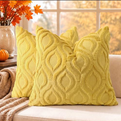 Image of decorUhome Fall Throw Pillow Covers 20x20 Inch Set of 2, Soft Plush Faux Wool Mustard Yellow Solid Couch Pillow Covers, Accent Farmhouse Neutral Square Pillow Cases for Sofa Bed Living Room