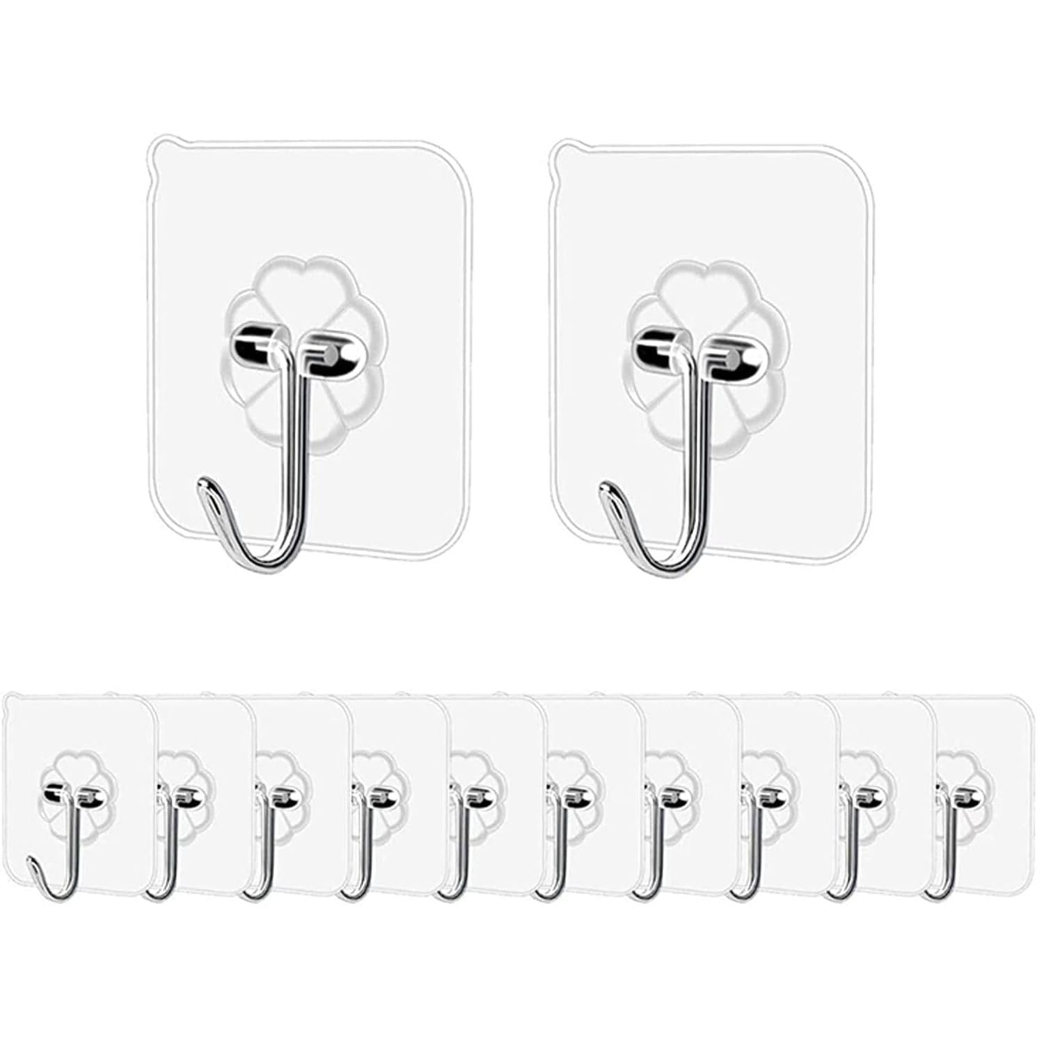Hooks for Wall Without Drilling, Waterproof Stick on Adhesive Stronger Plastic Wall Hooks Hangers for Hanging Robe, Coat, Towel, Keys, Bags, Lights, Calendars - Pack of 12, Transparent