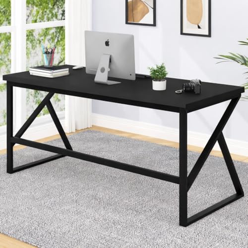 Image of DESKIZIA Modern Industrial Study Table for Home & Office | Wooden Computer Desk with Strong Metal Frame | Writing Desk | Office Table | Black | 120x60x75 cm
