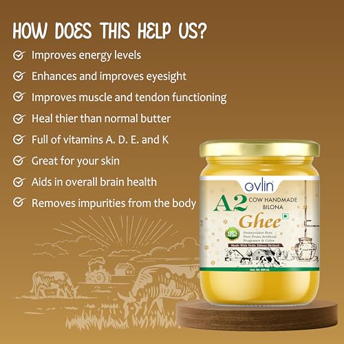 Image of Ovlin A2 Desi Cow Ghee | Handmade Bilona Method Ghee | Pure Desi Cow Milk | Traditional Vedic Bilona Process | 100% Natural, Preservative Free | Rich in Vitamins A, D, E & K | Pure A2 Bilona Cow Ghee for Cooking & Daily Nutrition 500ml