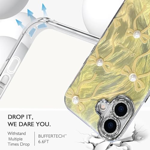 Image of VONZEE Compatible with iPhone 17 6.3'' Case Luxury Pink Girly Cute 3D Bow Pearl Glitter Bling Case with Full Camera Protection Shockproof PC+TPU Glossy Shiny Cover for Girls Women, Green
