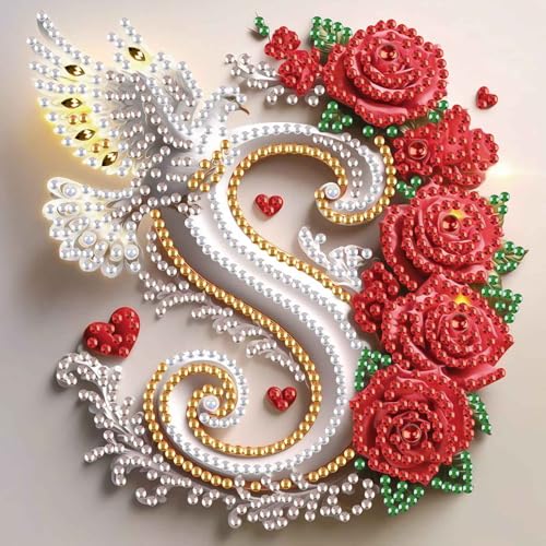 Image of AiYuanzsh 5D Diamond Art Kits for Adults Letter S, Floral Rose & Dove Special Shape Diamond Painting, Alphabet Diamond Art for Beginners DIY Crystal Rhinestones Craft and Wall Display 17x17cm