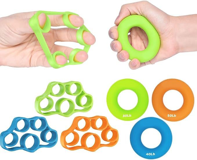 Hand Grip Strengthener, Finger Exerciser, Grip Strength Trainer (7 PCS) NEW MATERIAL Forearm grip workout, Finger Stretcher Great for Rock Climbing, Strength Training and MORE!