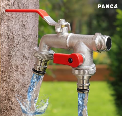 Image of PANCA 1 /2 Inch Dual Outlet Garden Faucet Splitter | Heavy Duty Double Valve Water Tap with Individual Flow Control | Zinc Alloy Bib Cock Connector for Garden, Kitchen & Bathroom (Red) (Red)