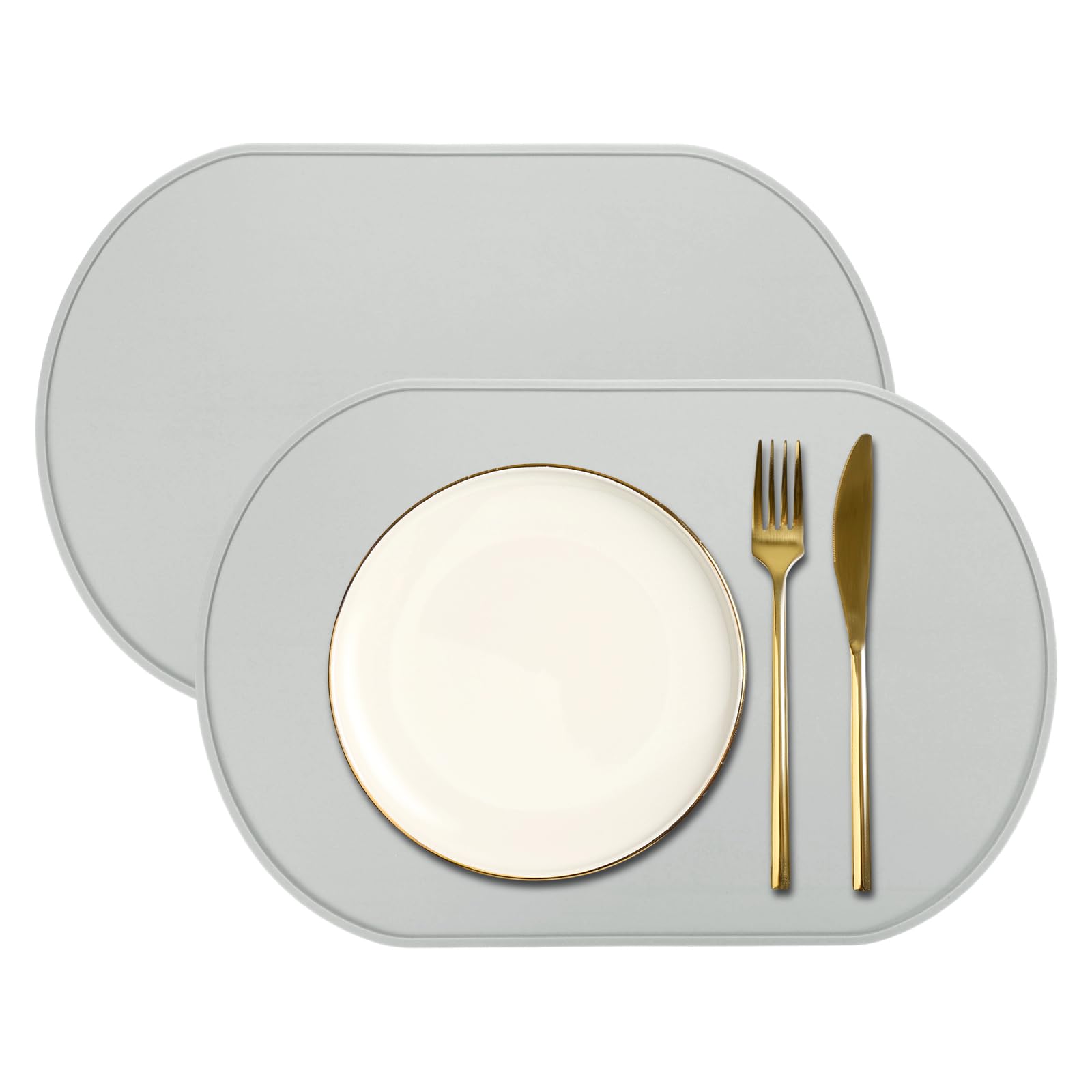 sourcing map 4 Pcs Oval Silicone Placemat, 15.4" x 10.4" Non-Slip Washable Table Placemats Heat Resistant Waterproof Mat with High Edge for Table Kitchen Desk Protection, Light Gray