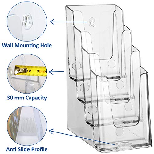 Europel Prospekthalter Mehrfach Prospektständer, 4x DIN 1/3 A4 - Glasklar Polystyrol - Broschürenständer für Büros - Broschürenhalter im Hochformat für Menüs, Prospeketen, Katalogen, Preiskarten