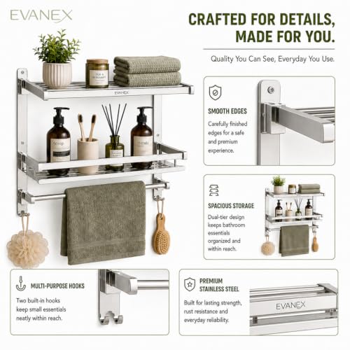 Image of EVANEX 3 Layer Folding Shelf for Bathroom 304 Grade Stainless Steel Bathroom Racks and Shelves Wall Mounted Multipurpose Shelf Bathroom Accessories Set