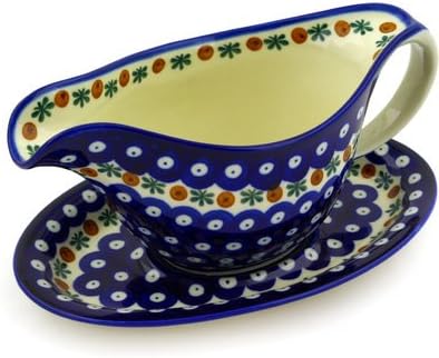 Polmedia Polish Pottery Gravy Boat with Saucer - Mosquito Pattern Handmade in Boleslawiec Poland by Ceramika Artystyczna + Certificate of Authenticity