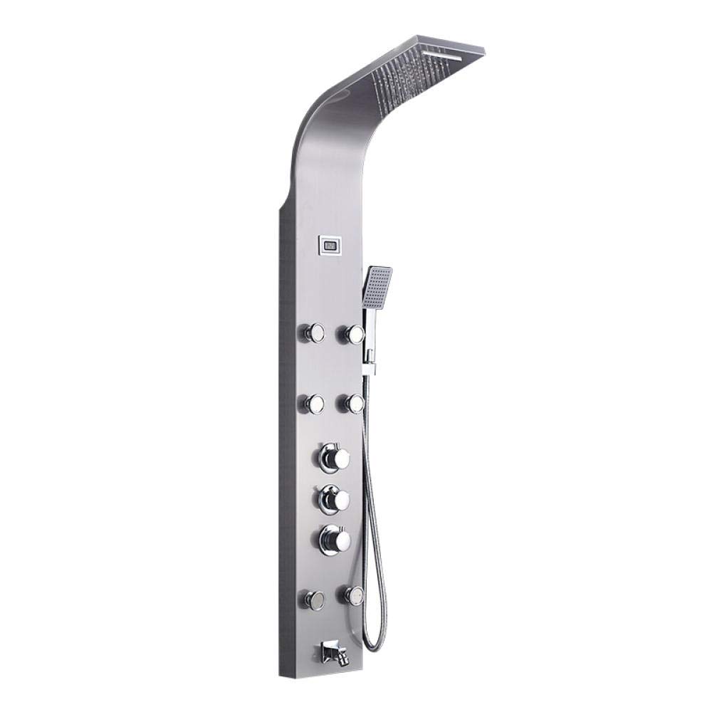 Yniyujkl Brushed Nickle Thermostatic Bathroom Shower Faucet Shower Panel Column Bathtub Mixer Tap With Hand Shower With Shelf 5-Function-Black,