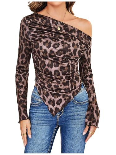 RoseSeek Women's Off Shoulder Tie Dye Mesh T Shirt Long Sleeve