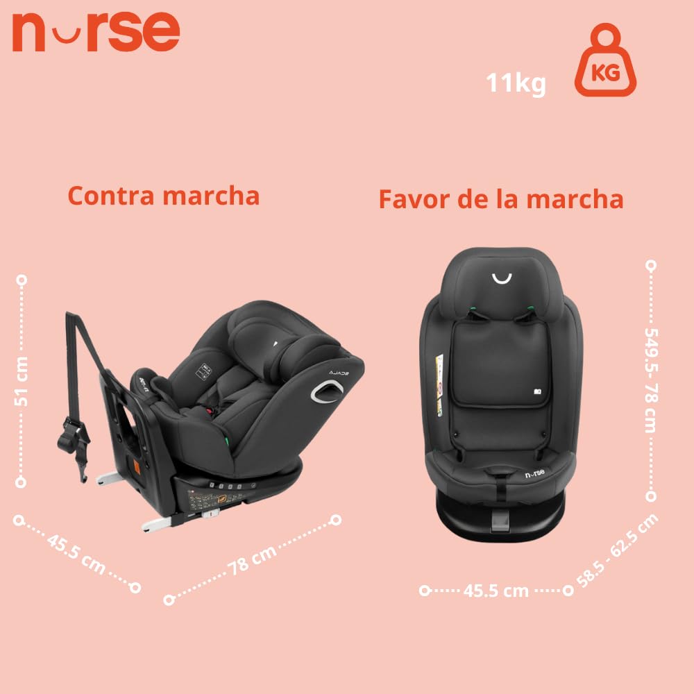 Nurse Scala Silla de Coche i-Size 40–150 cm, Giratoria 360º, ISOFIX con Top Tether, A Contramarcha y A Favor de la Marcha, Protección Lateral, Negro