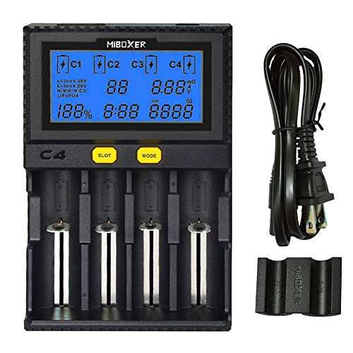 LGIDTECH MiBOXER 18650 Battery Charger 4 Slot with Car Charging Port LCD Display for AA AAA C 26650 16340 18500 18350 17670 RCR123 Li-ion/IMR/INR/ICR/Ni-MH/Ni-Cd/LiFePO4 Rechargeable Batteries