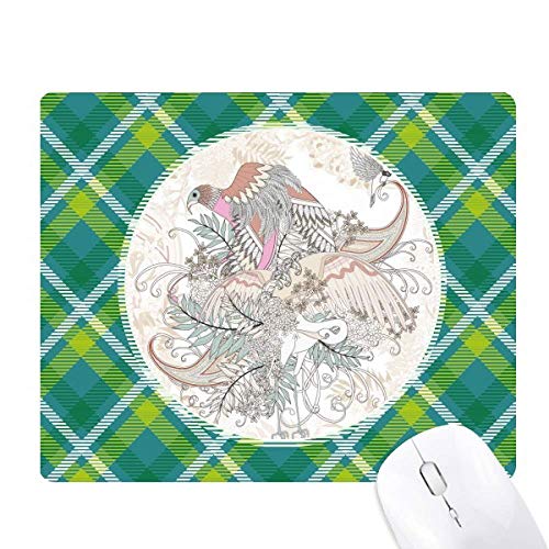 花の木の鳥の浮世絵の葉 緑の格子のピクセルゴムのマウスパッド