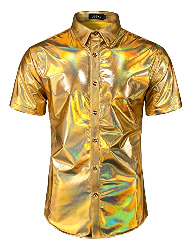 JOGAL Mens Metallic Shiny Nightclub Styles Short Sleeves Button Down Dress Shirts GoldShimmer Large