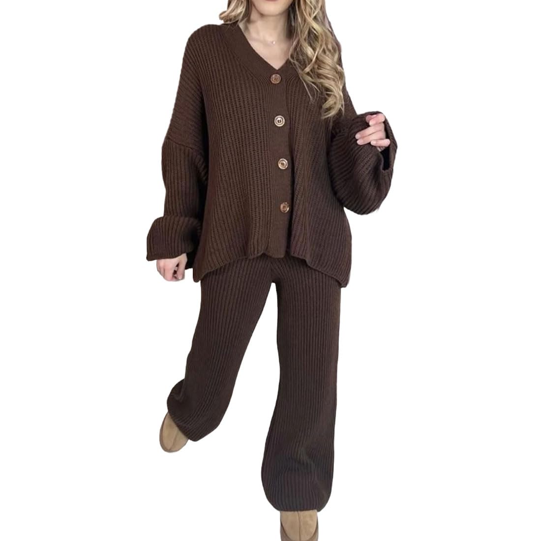 Ladies Long Sleeve V-Neck Cardigan With Flared Trouser Lounge Wear Set Womens Ribbed Knitted Front Buttons Sweater And Palazzo Co-ord Tracksuit