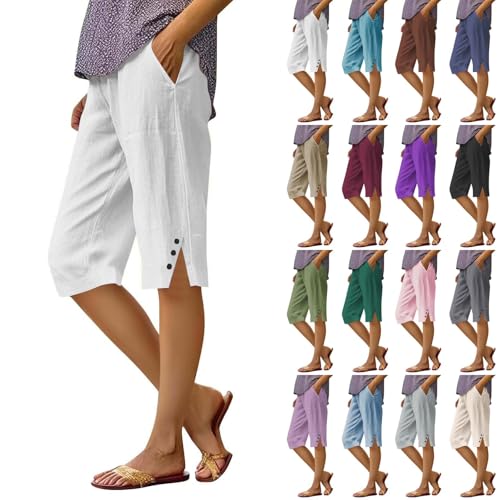 PIFAME Capris for Seniors,Womens Capris Linen Pants with Pockets Loose Cotton Beach Pants for Women Summer Trousers 2025,Petite,High Waisted,Women's Bottoms,Gauze,Beach Jorts 2025,White