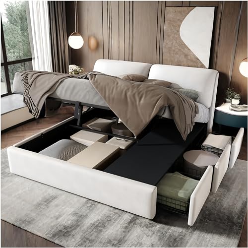 Racxily Cama acolchada de 180 x 200 cm, cama de matrimonio con sistema hidráulico, tres cajones y cajón, cama de matrimonio con almacenamiento (blanco, 180 x 200)