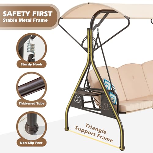 Image of ZZW 800LBS Patio Swing with Canopy 3 Seat Outdoor Porch Swing with Stand w /Cup Holder & Pillow Glider Chair Swing Bed for Patio Backyard Poolside (Khaki)