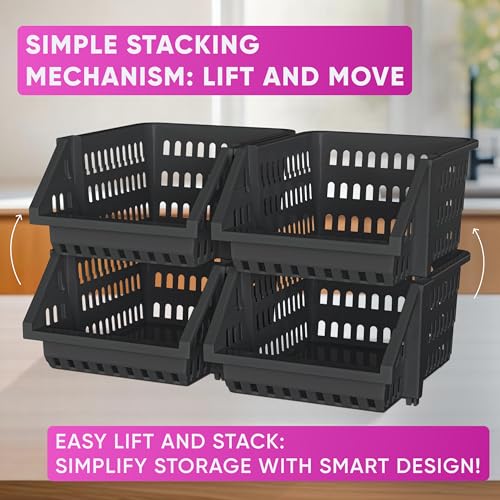 Skywin TidyFriend Small Plastic Stackable Storage Bins for Pantry,4 Pack Open Front Storage Bins, Toy Organizers, Kitchen, Bathroom Essentials (Black)