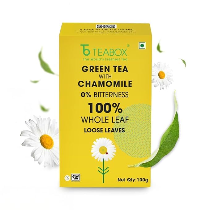 Teabox Premium Chamomile Green Tea With Real Flowers | 100% Whole Leaf Green Tea From The Himalayas | 100 Grams (Low Caffeine)