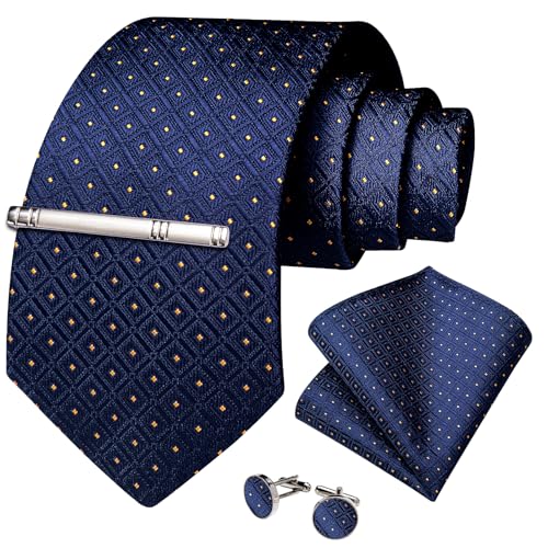 Image of DiBanGu Mens Silk Plaid Tie and Pocket Square Set | Elegant Silk Formal Tie Set, Woven Check Necktie and Cufflinks Tie Clip Set, Perfect for Wedding Party, Comes in Gift Box