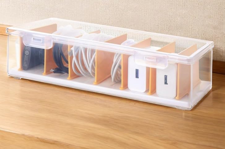 PAVSTINE Management Box with Lid, 7 Compartment Data Tidy, Plastic Storage Box for Charger Organiser Desk Wire Tidy, Transparent