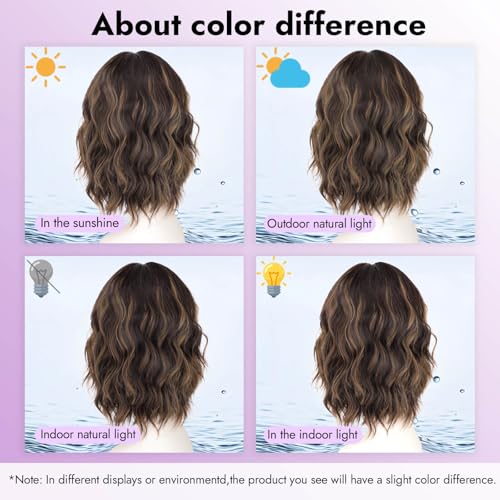 Image of Eawwii Dark Brown Highlights Wigs for Women,Short Wavy Synthetic Lace Wig
