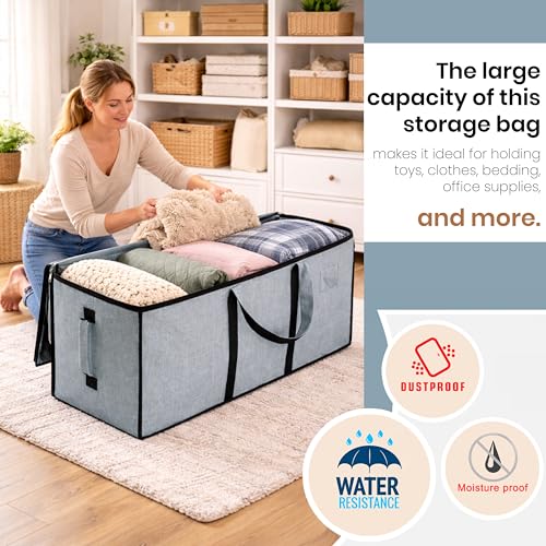 Image of Storite Multi-Purpose Heavy Duty Moisture Proof 81 Litres Canvas Super-Size Jumbo Underbed Storage Bag /Toys /Blankets /Stationery Paper /Clothes Storage Bag (87x36x26 cm) (Light Grey)