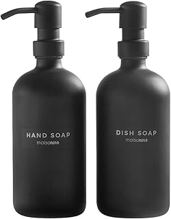 MaisoNovo Glass Soap Dispenser | Bathroom and Kitchen Set w.Dish Soap Hand Soap and Vintage Lotion Dispenser Set Waterproof Labels | Black Bottles - Black Soap Pumps Dispenser Set of 2