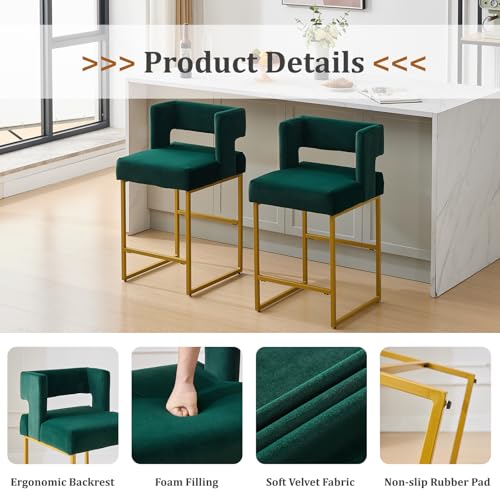 Image of Counter Height Bar Stools Set of 2, Green Velvet Bar Chair Gold Leg | 26 inch Seat Height Fits Standard Kitchen Islands, Upholstered Barstools, Back Support, Square Metal Legs, Footrest