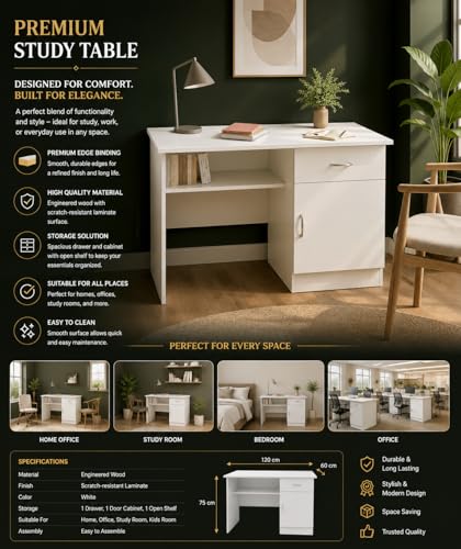 Image of 120x60x75cm Engineered Wood Study & Office Table | 1 Year Warranty | Matte Finish Free Standing Compact Modern Computer Desk with Drawer & Cabinet | Rolex Brown Finish- Super White
