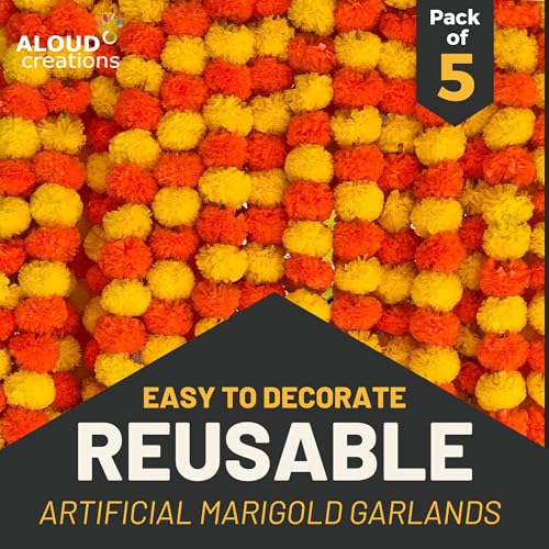 Image of ALOUD CREATIONS 5Pc Handmade Artificial Marigold Flowers with Bell Hanging | Latkan Toran for Home, Office, Festival, Pooja Room | Artificial Flower Backdrop for Decoration | 5 Feet Length (60 inch)