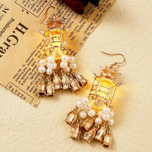 Handicraft Pagoda Pearl Tassel Dangle Earrings White - Image 6
