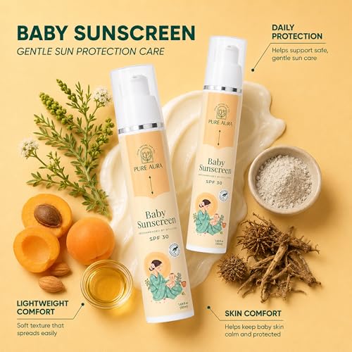 Image of Pure Aura Baby Sunscreen SPF 30 50gm, Pack of 3 - Doctor Recommended 100% Mineral Ayurvedic Sunscreen for Babies & Kids | Chemical-Free Outdoor Sun Protection for Sensitive Skin