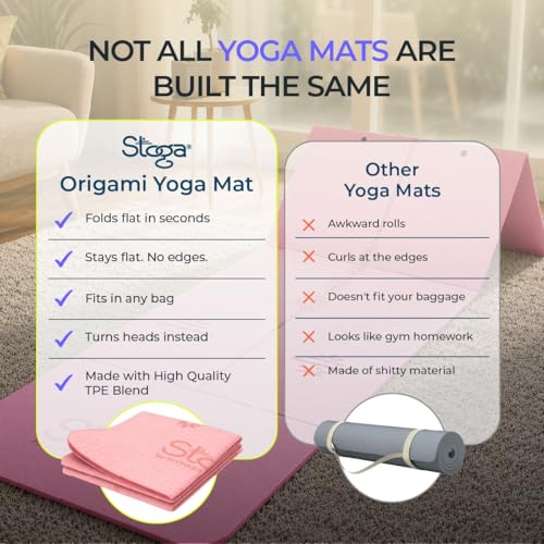 Image of Stoga Origami Foldable 6mm Yoga Mat | Non-Slip | Mat for Men & Women | Lightweight, Sweat-Resistant, Eco-Friendly TPE Mats with Carry Strap | Best Yoga Mat for Home, Travel & Gym (Pink)