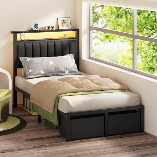 Image of Furnulem Twin Bed Frames with Storage Drawers and Upholstered Headboard