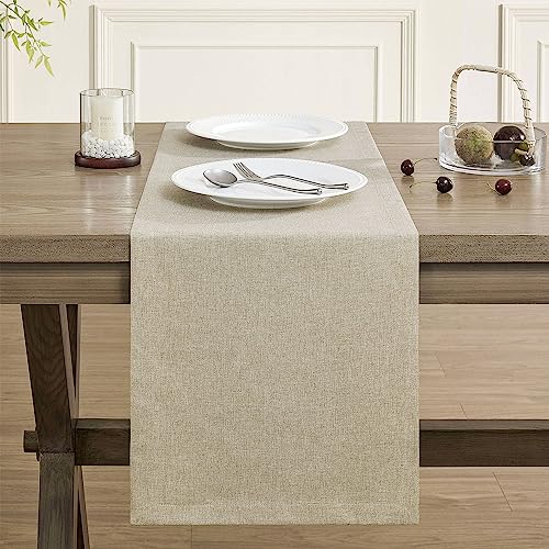 Image of ZeeMart Basic Linen Style Table Runner, 14 x 108 Inch Natural Chambray, Rustic Farmhouse Neutral Beige Table Runners 108 Inches Long, Everyday Polyester Table Runner - Machine Washable & Easy Care