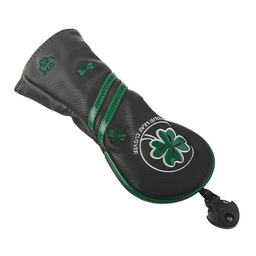 GOOACTION Golf Club Hybrid Schlägerhaube mit grünem Glücksklee Kreative Stickerei Muster Kunstleder Schwarz Golf Schläger (Austauschbarer Tag 2.3.4.5.7.X)