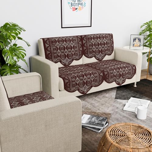 Image of Kuber Industries (Set of 6) Stylish & Durable Cotton Sofa Covers 2+1 Seater | Washable Sofa Protector /Mat & Slipcover for Living Room & Office | Plain Circle - Brown