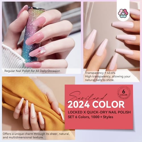 Image of SAVILAND Quick Dry Nail Polish: 6Pcs Hot Sheer Color Fingernail Polish Set Neutral Solid Color Pink Nudes Glitter Nail Polish Kit Castor Oil Non Gel Nail Lacquer Finger Toe Nail Art Home DIY Gift Set