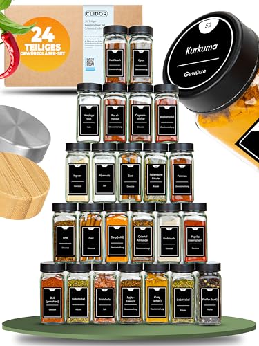CLIDOR Gewürzgläser eckig [24 x 125ml], Luftdichte Gewürzgläser mit Streueinsatz + 248...