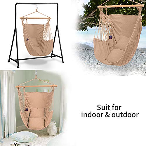 ONCLOUD XXL Large Hanging Rope Hammock Chair Porch Swing with 2 Pillows, Hanging Hardware and Drink Holder, Perfect for Indoor/Outdoor Home Bedroom Patio Deck Yard Garden, (Coffee)