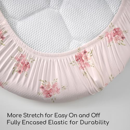 Image of Nap Mat Sheet 47 inchx24 inch, 3 Pack Pink Floral Baby Crib Sheets Fitted Elastic Corners, Preschool Day Care Rest Mat Cover, Soft Breathable - Compatible with Regalo My Cot, Joovy Travel Cot