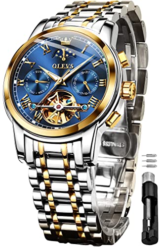 OLEVS Men's Automatic Mechanical Watches Luxury Dress Waterproof Self Winding Moon Phase Chronograph Stainless Steel Luminous Date Tourbillon Wristwatch for Men (Blue Dial and Gold Silver Strap)