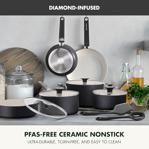 Image of GreenPan Rio Advanced 12 Piece Cookware Set, Ceramic Nonstick PFAS-Free Pots & Pans with Cooking Utensils, Induction Ready, Dishwasher & Oven Safe, Black